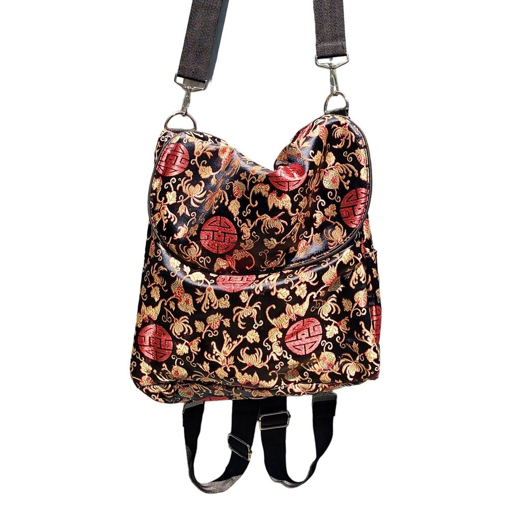 Brocade Black, Red, & Gold Print Backpack / Tote Bag w/ Mini Zip Pouch
